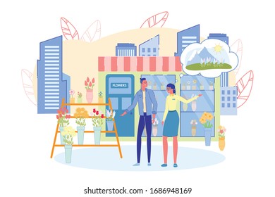Floral Street Kiosk Facade and Outer Stall with Flowers. Florist Girl and Buyer Choosing Bouquet. City Life Scene with People Cartoon Characters on Urban Skyline Background. Flat Vector Illustration.