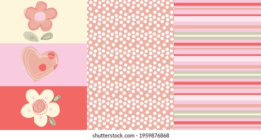 Floral, stripe and Dots Vector Pattern set. Bright Colorful Pattern. Striped Vector Print. Lovely Nursery Art for Card, Invitation, Wall Art, Baby Girl Party.