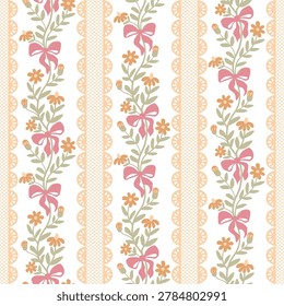 Floral striped cottagecore seamless pattern. Cute tiny bouquet of flowers, bows, vertical yellow lace stripes print. Vector preppy wallpaper, textile design, background. Whimsical countryside graphic
