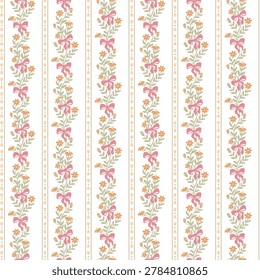 Floral striped cottagecore seamless pattern. Cute tiny bouquet of flowers, pink bows, vertical stripes print. Vector preppy wallpaper, textile design, background. Whimsical countryside graphic