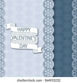 Floral striped pattern. Cartoon ribbon with text Happy Valentines Day. Good for banners, cards, backgrounds. Detailed decorative motif. Elements for ethnic decor. Blue colors