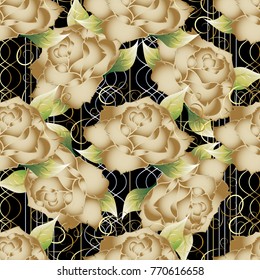 Floral striped seamless pattern. Golden roses vector background. Vintage gold roses flowers, swirls, lines, stripes, waves. Beautiful ornaments. Luxury design for wallpapers, fabric, prints, textile