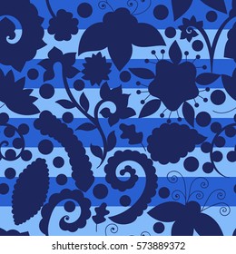 Floral striped seamless pattern silhouettes abstract floral indian elements vector. Swatch is in the panel. Elements hidden under mask, not cut off.