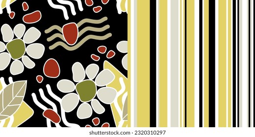 Floral and striped seamless patterns created in colors and shapes that complement each other. Hand drawn stylized flowers and strips. Set for textile print, wrapping paper, gift paper, cover. Vector.