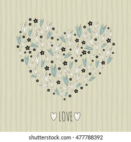 Floral striped stylish vector heart. Tender colorful decorative flowers
