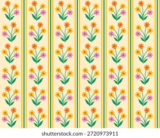Ilustración de rayas florales y diseño de patrones sin fisuras. Vector con motivos florales en colores brillantes.