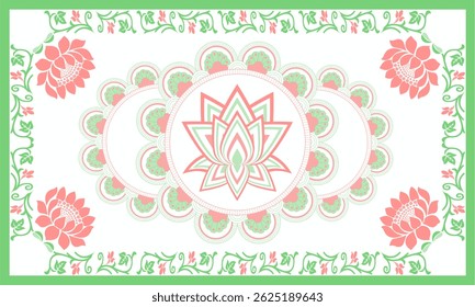 Listras florais e vinhas adornam a borda verde com um padrão de flor rosa e vermelha no meio, estilo asiático, adequado para têxteis, papéis de parede ou cartões de saudação.