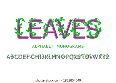 Floral style alphabet of letters with a branch and leaves. Beautiful display font. Set of decorative monograms.