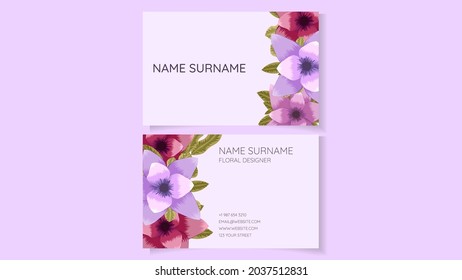 Floral style business card template Visiting card for wedding planners, event managers, media company, ad, marketing, hotels, spas, cosmetics, beauty flat design with blossoming flowers, leaves