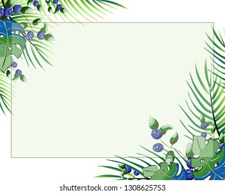 floral style card design with forest greenery blue leaves. Vector natural, botanical, elegant template