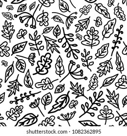 Floral stylish contour seamless background. Leaf pattern monochrome vector illustration.