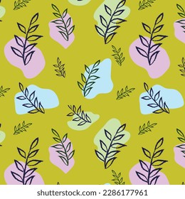 Floral Stylish Leafy Seamless Pattern, Vector Stylised Botanical Line Art, On Green Background, Hand Drawn Leaves