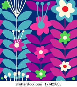 Floral stylish seamless pattern. Cute doodle flowers on dark background. Summer blooming texture