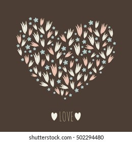 Floral stylish vector heart. Tender color decorative flowers