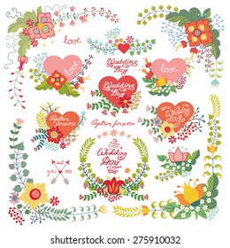 Floral stylized corner,heart composition,bouquet .Flowers,berries,green branches decor.Vintage design template for holiday ,wedding invitation,valentine , mother day,easter card.Vector illustration
