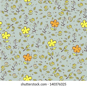 Floral subtle gray seamless background with yellow and orange flowers