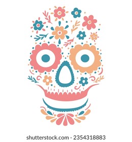 A floral sugar skull. The Day of the Dead. Beautiful colorful illustration isolated on white.