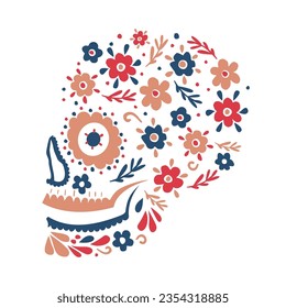 A floral sugar skull. The Day of the Dead. Beautiful colorful illustration isolated on white.