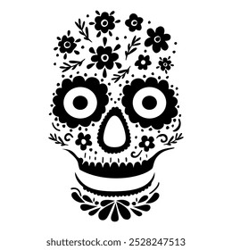 Floral sugar skull with flowers. The Day of the Dead. Beautiful black and white illustration.