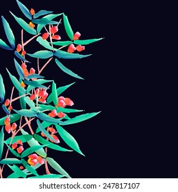 Floral sumi-e drawing composition on dark background in u-sin china paint style