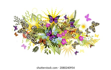Floral summer abstraction with butterflies. Vector illustration