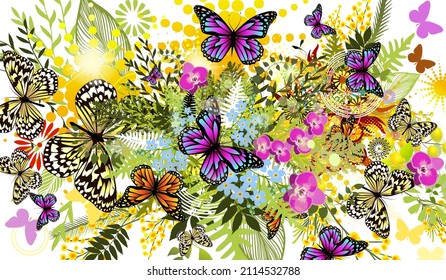 Floral summer abstraction with butterflies. Vector illustration