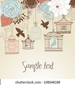 Floral summer background. Birds out of their cages concept vector