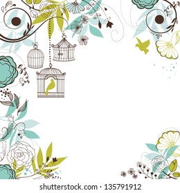 Floral summer background. Birds out of their cages concept vector