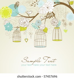 Floral summer background. Birds out of their cages concept vector