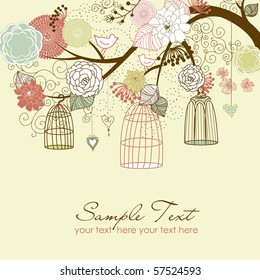 Floral summer background. Birds out of their cages concept vector