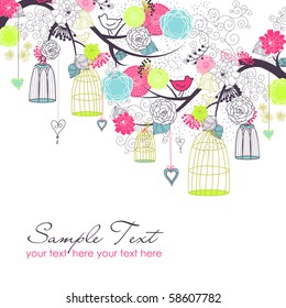 Floral summer background. Birds out of their cages. Freedom  concept vector