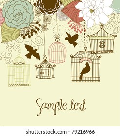 Floral summer background. Birds out of their cages concept vector