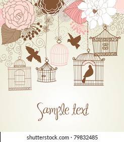 Floral summer background. Birds out of their cages concept vector