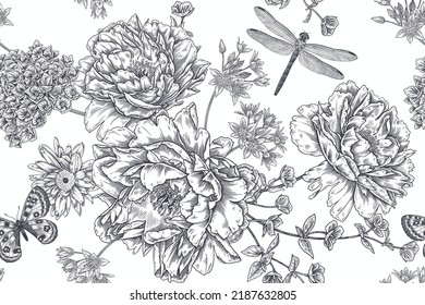 Floral summer background. Black and white seamless pattern. Blooming flowers, butterflies, dragonfly. Roses, peonies, hydrangea. Vintage Template for paper, wallpapers, textiles. Vector illustration.