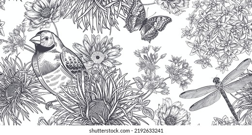 Floral summer background. Black and white seamless pattern. Blooming flowers, birds, butterflies and dragonflies. Vintage Template for paper, wallpapers, textiles. Vector illustration.