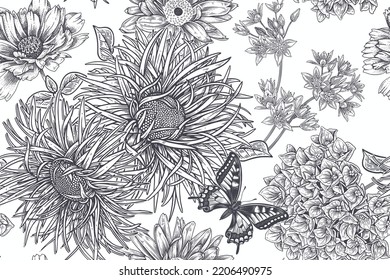 Floral summer background  Black   white seamless pattern  Garden flowers asters  hydrangeas   butterflies  Vintage Template for paper  wallpapers  textiles  Vector illustration 
