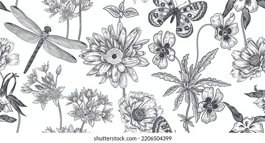 Fondo floral de verano. Patrón ininterrumpido en blanco y negro. Flores silvestres, mariposas y libélulas. Plantilla de época para papel, papel pintado, textiles. Ilustración vectorial.