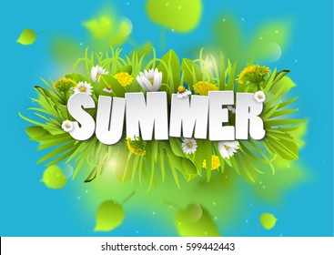 Floral summer background with dandelions and chamomiles. Blurred green leafs on blue background.