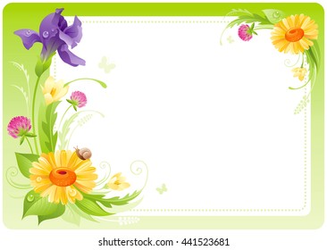 Floral summer background frame with iris, clover, gerber daisy flowers, leafs, grass copy space for text. Natural design template for birthday greeting card, wedding invitation, other celebration