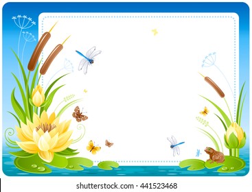 Floral summer background frame with lake or swamp water, lily flowers, leafs, sedge grass, frog and copy space for your text. Natural design template for greeting card, invitation, other celebration