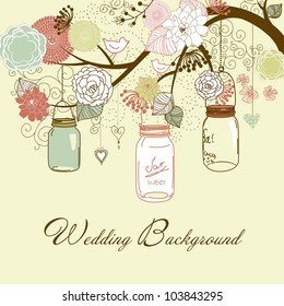 Floral summer background. Glass jars hanging from the brunch