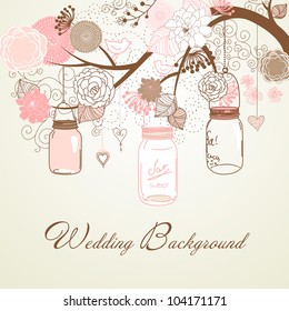 Floral summer background. Glass jars hanging from the brunch