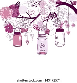 Floral summer background. Glass jars hanging from the brunch