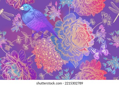 Floral summer background. Gold and violet seamless pattern. Blooming flowers, birds and butterflies. Roses, peonies, hydrangea. Vintage Template for paper, wallpapers, textiles. Vector illustration.