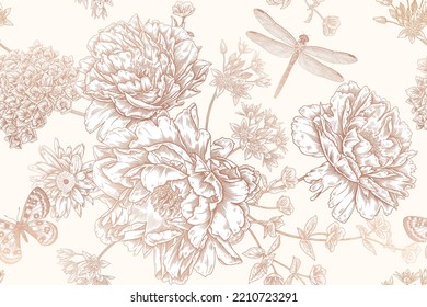 Floral summer background. Gold and white seamless pattern. Blooming flowers, butterflies, dragonfly. Roses, peonies, hydrangea. Vintage Template for paper, wallpapers, textiles. Vector illustration.