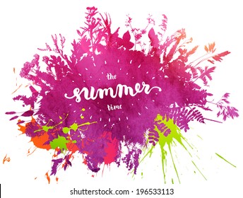 Floral Summer Background with Grass and Flowers, Watercolor Texture