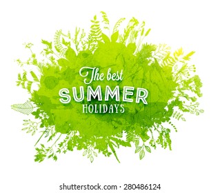 Floral Summer Background with Grass and Flowers, Watercolor Texture