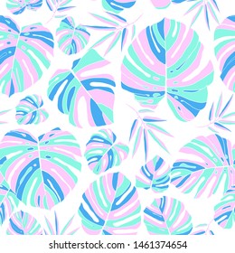 Floral summer background. Jungle bright neon print. Fluorescent blue seamless pattern on white background. Trendy fabric design. Vector illustration.