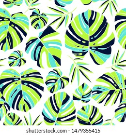 Floral summer background. Jungle bright neon print. Fantastic rainbow seamless pattern on white background. Trendy fabric design. Vector illustration.