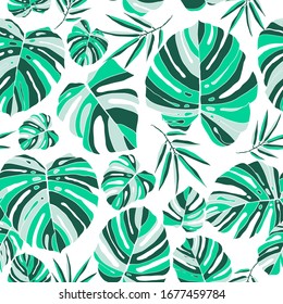 Floral summer background. Jungle print. Jungle green seamless pattern on white background. Trendy fabric design. Vector illustration.